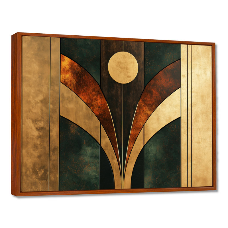 Formes géométriques essentielles noyer géométrique V - art abstrait Art déco, Brun, Cadre flottant, H 24 po x l 32 po