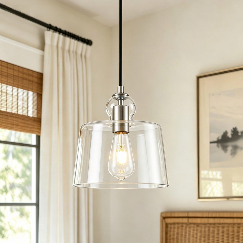  Luminaire suspendu en verre transparent à 1 lumière pour salle à manger, Chrome chrome