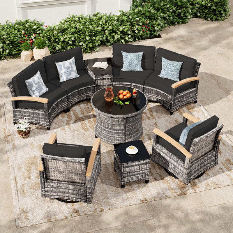 Meissalivve 9-Piece Half-Moon Curved Outdoor Patio Furniture Set, Sectional Conversation Sofa With 2 Swivel Glide Chairs, Round Coffee Table For Backyard Deck Garden, Black