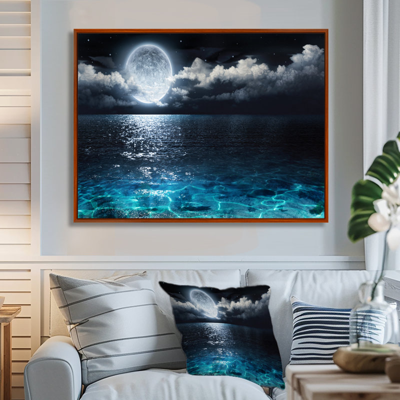 Pleine lune romantique au-dessus de la mer - impression, H 16 po x l 32 po, Cadre flottant brun