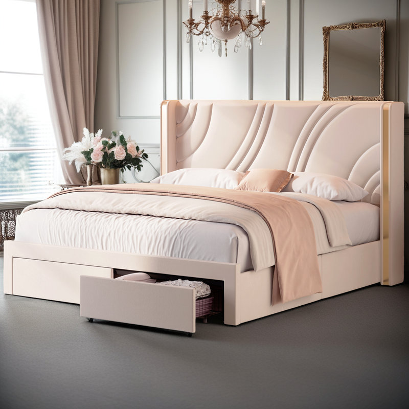 Structure de lit tapissier en velours avec tête de lit et tiroirs à DEL RVB, Lit double, Beige
