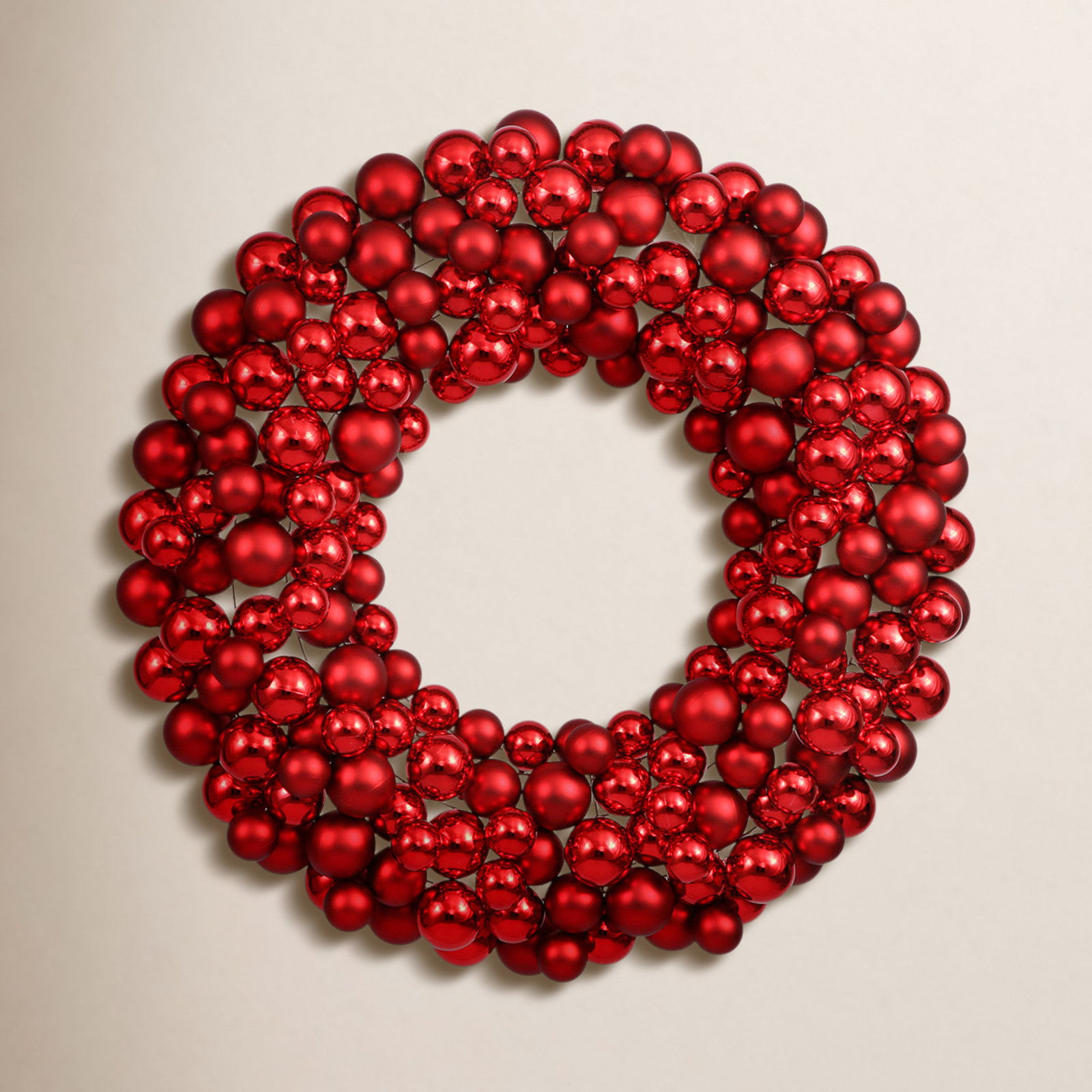 Shiny and Matte Ball Wreath, Red, 24" W x 24" H x 3" D