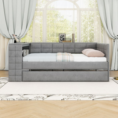 Full-Size Velvet Upholstered Daybed with Twin Trundle,Built-In Storage, Desk, & Charging Station