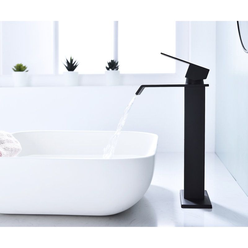 Waterfall Spout Bathroom Sink Faucet With Pop-Up Drain, Matte Black Surface And Stainless Steel Core For A Flow Design Chic Fixture