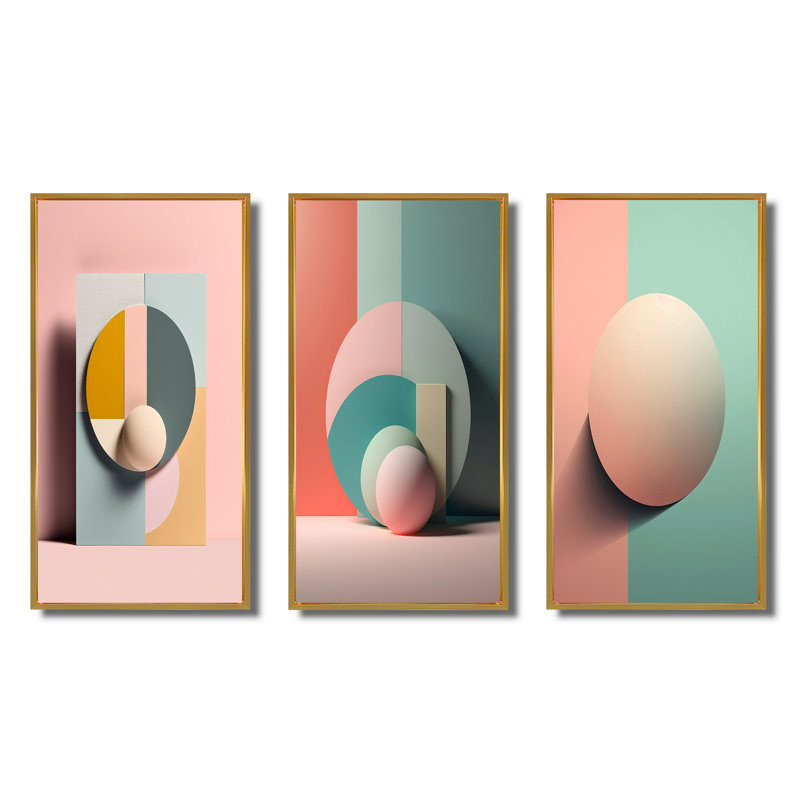 «Geometric Dreaming Retro Minimalisme en rose V», 3 pièces sur toile, Cadre flottant doré, H 20 po x l 36 po