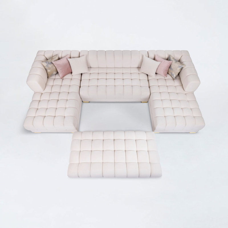 Canapé modulaire en U avec repose-pieds double Vela, Velours ivoire