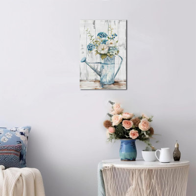 Flower Canvas Wall Art, Rustic Charm Country Botanical Prints, Blue White Floral Pictures, Vintage Watering Can Painting Wall Artwork Decor for Bathr