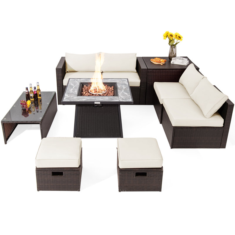 Ensemble de conversation d'extérieur pour 6 personnes avec coussins Saabir, Brun, Blanc