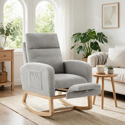 Chaise berçante Glider, chaise berçante confortable à haut dossier avec pédale et poche latérale, chaise berçante moderne rembourrée pour lire, se détendre et se reposer, beige