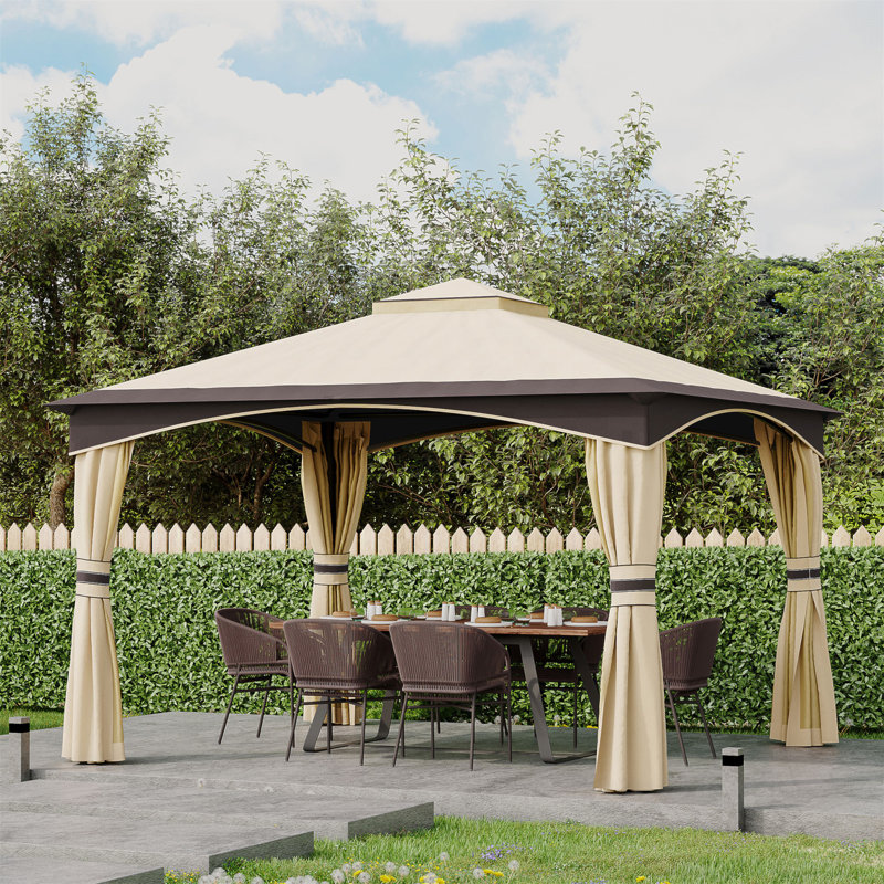 Outsunny 10' X 12' Outdoor Gazebo With Netting And Curtains, Patio Gazebo Canopy With 2-Tier Soft Top Roof And Steel Frame For Lawn, Garden, Backyard And Deck