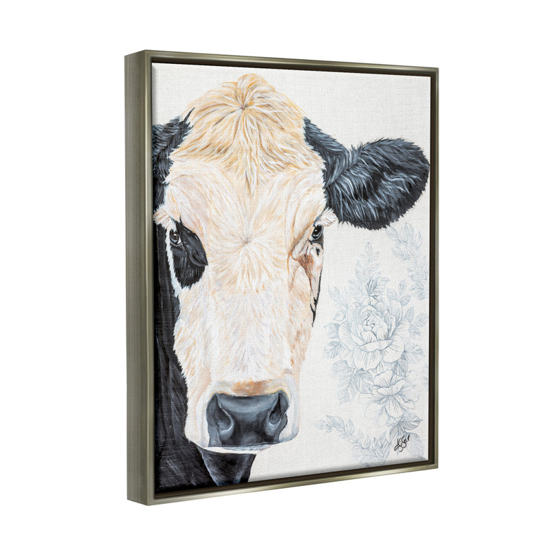 Art mural sur toile flottant Floral Cow Farmhouse par Diane Fifer, H 21 po x l 17 po x P 1,7 po, Cadre flottant gris lustré