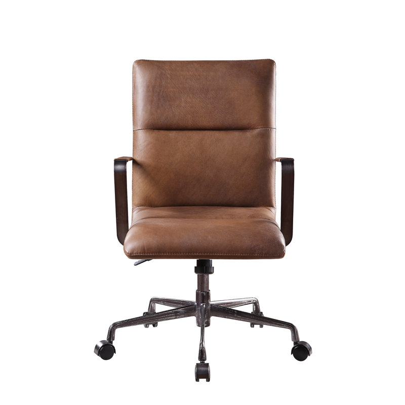 Vintage Office Chair In Chocolate Top Grain Leather, 360 Degree Swivel Seat, Adjustable Height By Lift, Padded Back And Horizontal High , Metal Armrest, 5 - Star Base Leather Arm Chair, Swivel,