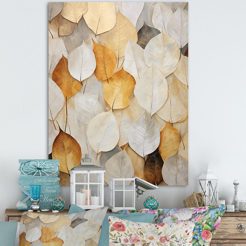 «Gold Minimalisme Leaves Collage I» sur toile imprimée, Toile tendue, H 44 po x l 34 po x P 1,5 po