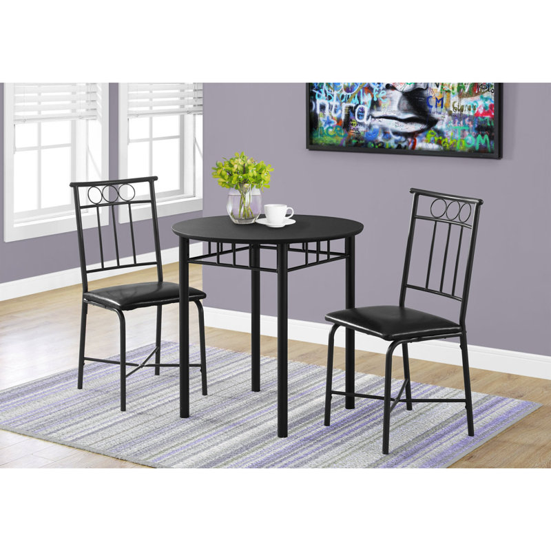 Ensemble de table de salle à manger, ensemble de 3 pièces, petit, rond 30 po, cuisine, métal noir et stratifié, aspect cuir, contemporain, moderne