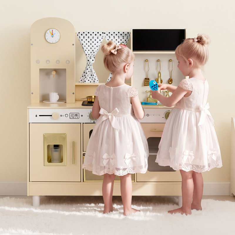 Play Kitchen for Kids, Wooden, Kids Kitchen Playset with Realistic Lights & Sounds, Food & Cookware, Modern Style Pretend Play Toy Set, Ice Maker, Microwave, for Toddlers, Ages 3-8