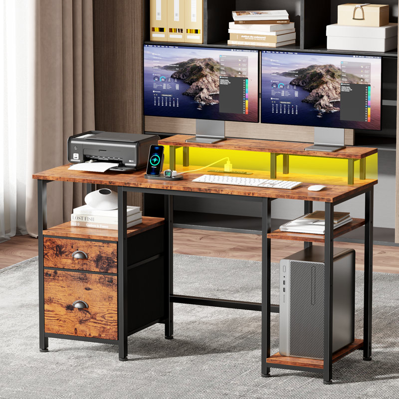 Computer Desk With Led Lights And Power Outlets, Gaming Desk With Monitor Stand,Home Office Writing Desk With Storage