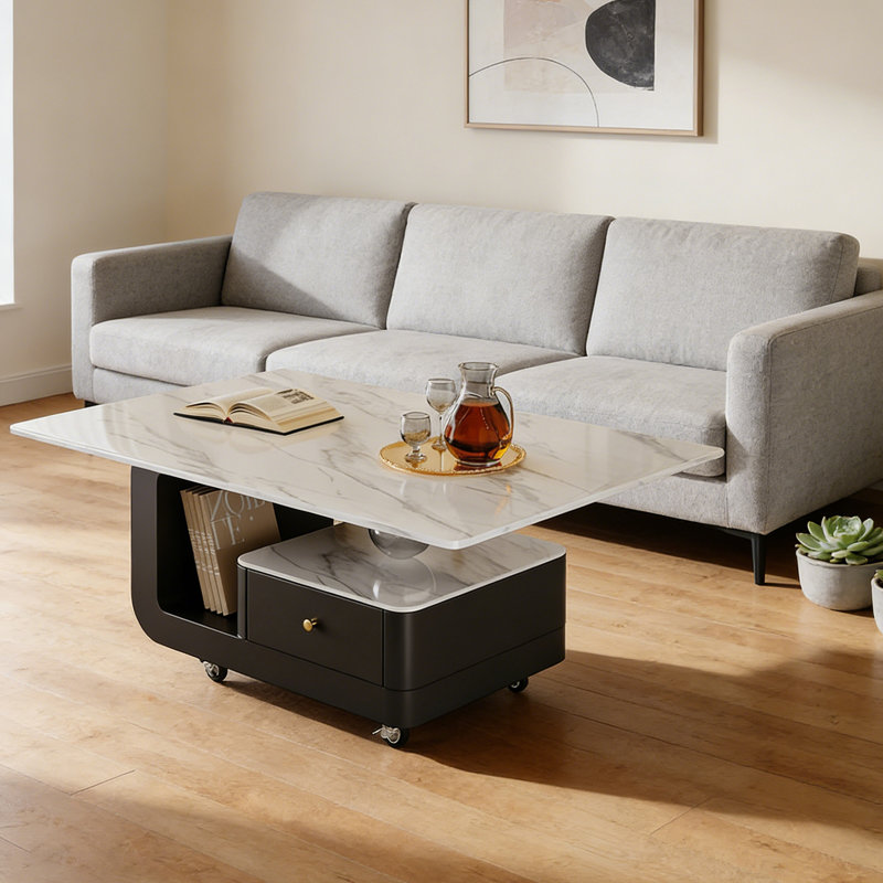 Table basse mobile avec rangement en ardoise, H 17,71 po x L 35,43 po x l 17,71 po, Blanc / gris clair, Noir
