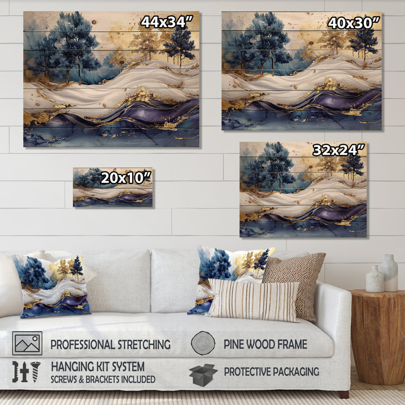 Aurores dorées au-dessus des pics de marbre II - reproduction de paysage abstrait sur bois de pin naturel