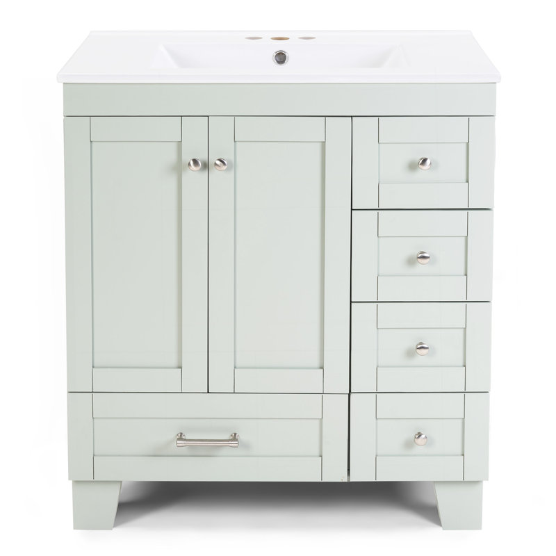 Meuble-lavabo bleu gris 30 po avec lavabo en céramique - Tiroirs à fermeture en douceur, structure en bois massif, rangement multi-organisateur, 76 x 47 x 85 cm