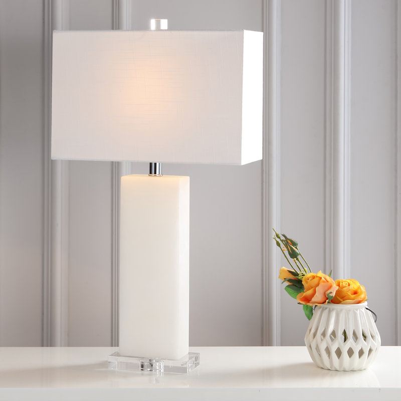 Holtz  27" Contemporary Modern Alabaster Rectangular LED Table Lamp, White Alabaster/Clear