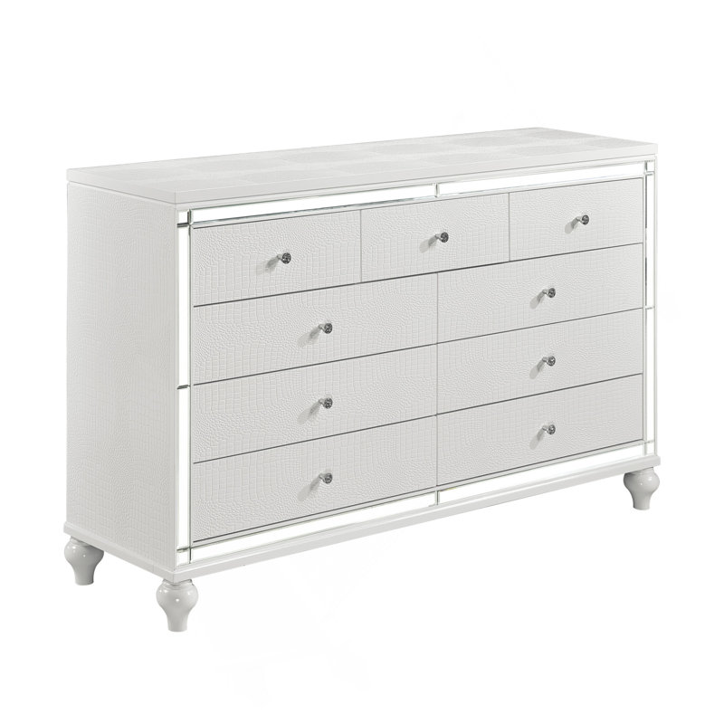 Commode glamour à finition blanche métallique avec 9 tiroirs en faux cristal