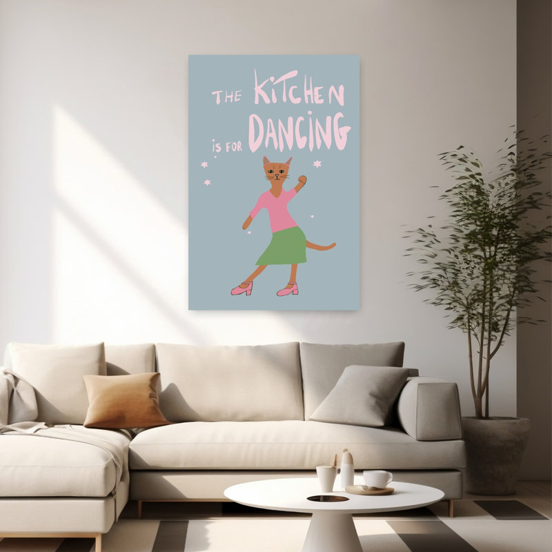 Chat dansant dans la cuisine, style abstrait et fantaisiste, avec un chat dans un paysage naturel - Affiche murale