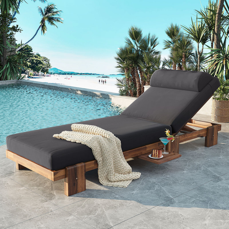 78.8'' Outdoor Patio Chaise Lounge Chair, Acacia Wood Adjustable Recliner with Headrest and Retractable Side Tray, for Terrace, Poolside, Garden, and Beach