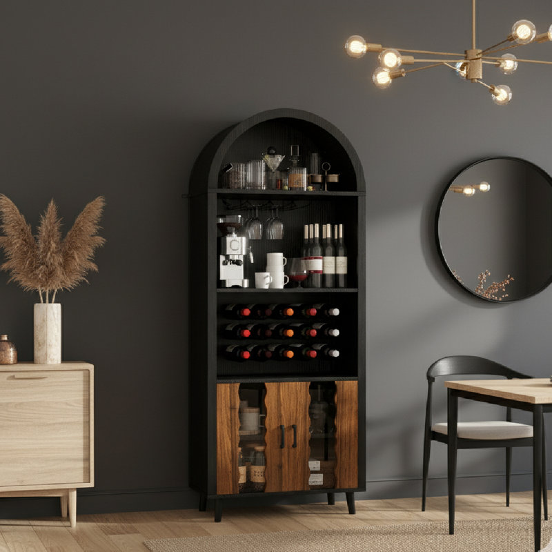 71" Farmhouse Arched Wine Bar Cabinet, Tall Liquor Cabinet With Wine Rack & Glass Holder, Black Coffee Bar & Whiskey Station For Living Or Dining Room