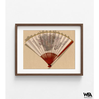 Framed wall art featuring an antique hand fan map of Japan, China, and Korea in a brown wooden frame.