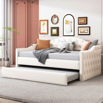 Twin Size Tufted Upholstered Daybed With Trundle ,Velvet Sofabed With USB&Type-C Charging Ports,No Box-Spring Needed