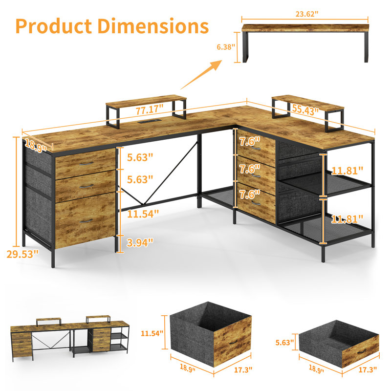 L-Shaped Desk with Drawers and Power Outlets