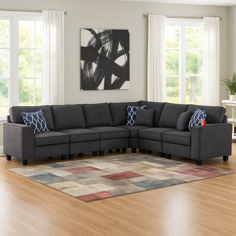 Nid Reversible L Shaped Sectional Sofa, Cupholder, Grey Linen 125 Inch, Stone Grey