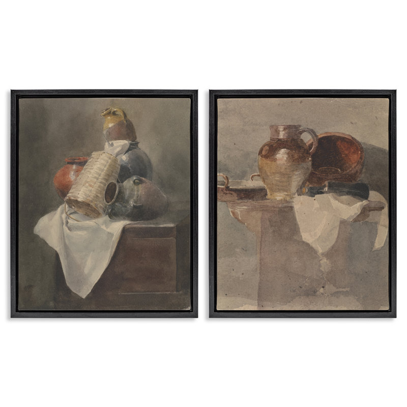  «Vintage Sundries Still Lifes», ensemble de 2 toiles flottantes encadrées par Peter Dewint, Cadre flottant noir de jais