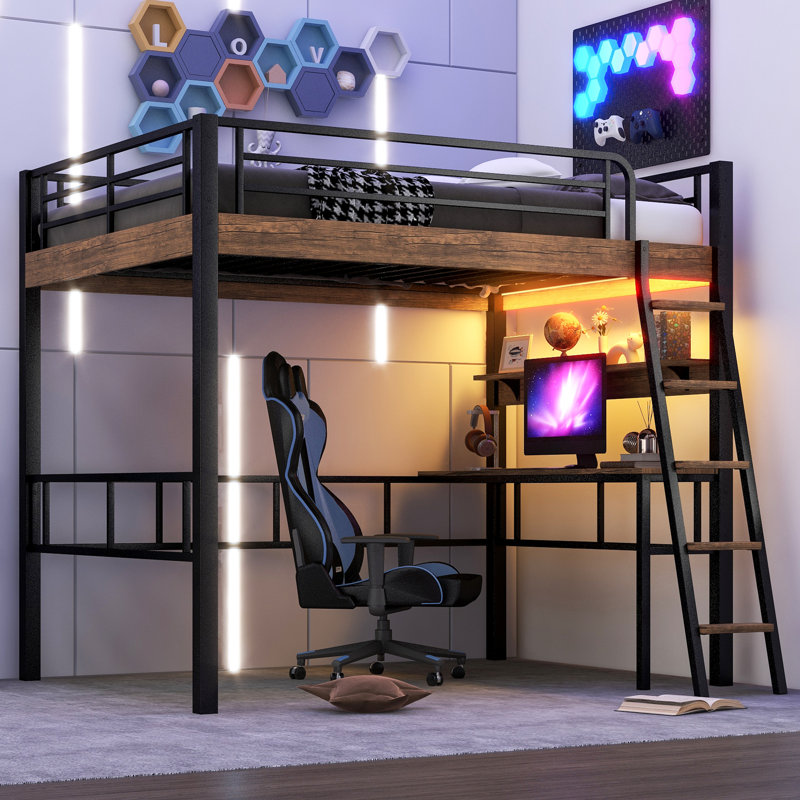 Lit mezzanine simple en métal avec DEL, bureau intégré, tablette de rangement et échelle, noir