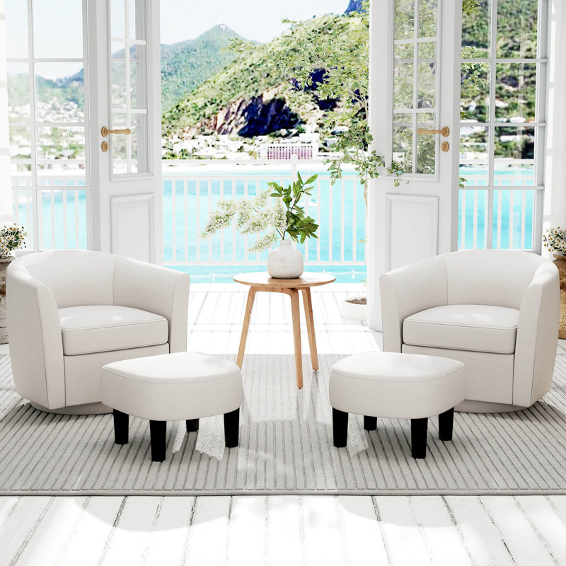 Swivel Barrel Chair With Ottoman Footrest Curved Backrest & Armrests Living Room, White