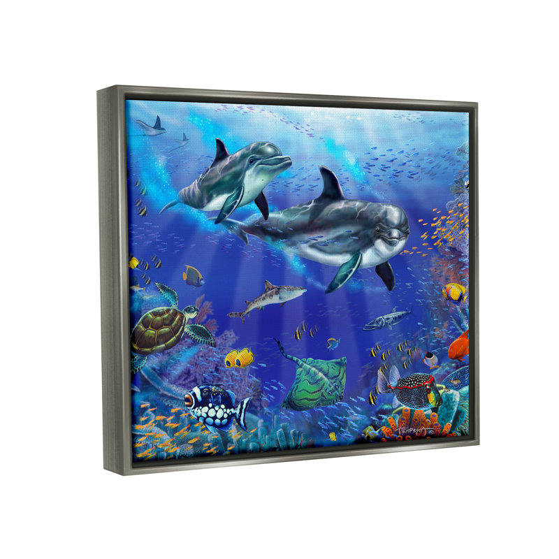 «Dovecove Underwater Sea Life Scene Dolphins», art mural encadré par Floater, H 25 po x l 31 po x P 1,7 po
