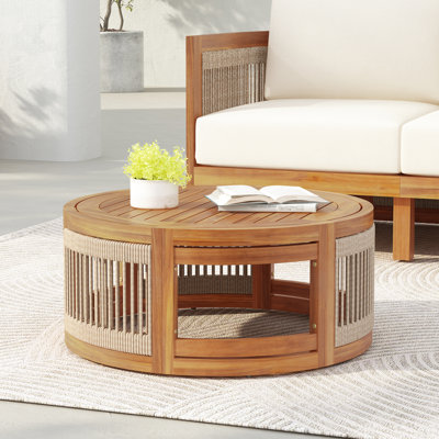Table basse de patio 28,25 po en bois, corde décorative tissée à la main, élégante et pour le jardin