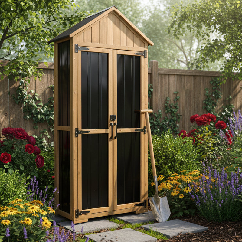 Outdoor Storage Cabinet with Adjustable Shelf & Lockable Doors, Wood & Metal for Garden Patio