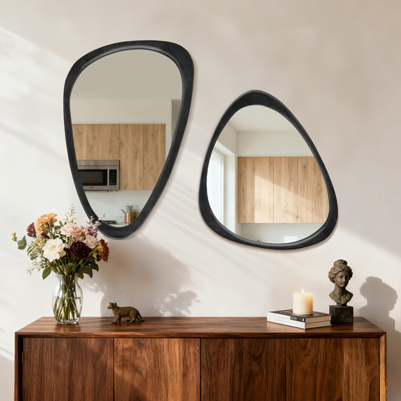 Miroir mural irrégulier à cadre en bois naturel, conception asymétrique unique, Noir, noir, noir, noir, 30 po x 20 po