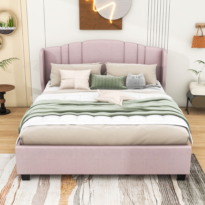 Hartli Queen Linen Upholstered Platform Bed with 2 Drawers and Twin Trundle, Pink
