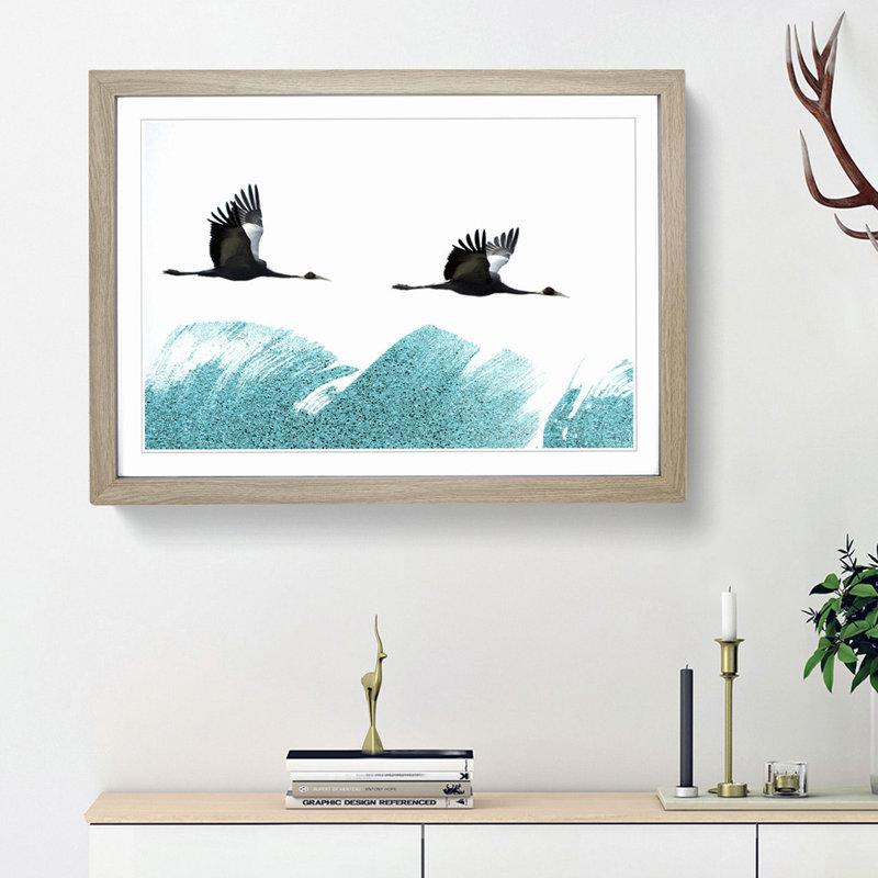 A Couple of Crane Birds Flying in Abstract - Picture Frame Painting Print, Oak Framed, 36cm H x 48cm W x 2cm D