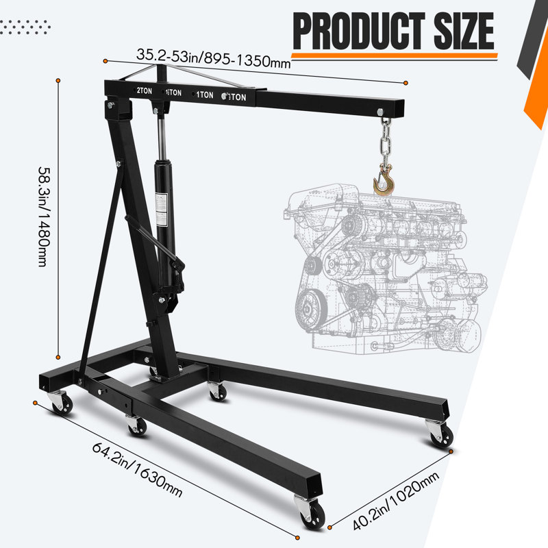Palan à moteur hydraulique pliable, grue d'atelier de 2 tonnes avec flèche extensible et 6 roulettes pivotantes, capacité de 4 400 lb