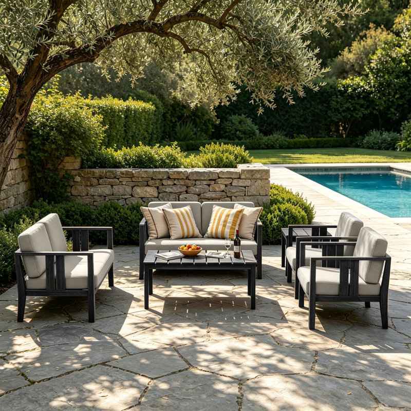 Junco Teak Outdoor Six-person Patio Set With Cushions And Two Tables, Light Camel, Black