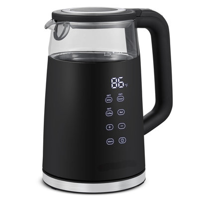 1.7L Dual Wall Cool Touch Electric Tea Kettle, Borosilicate Glass, 304 Stainless Steel Interior, Programmed Digital Touchscreen, Keep Warm, Auto Off & Audible Indicator, Black