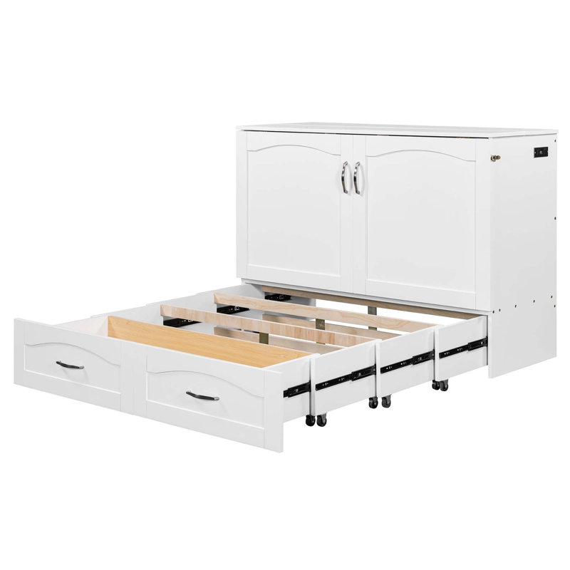 Lit escamotable Murphy avec tiroir et ensemble de prises et ports USB, structure à poulie, Blanc