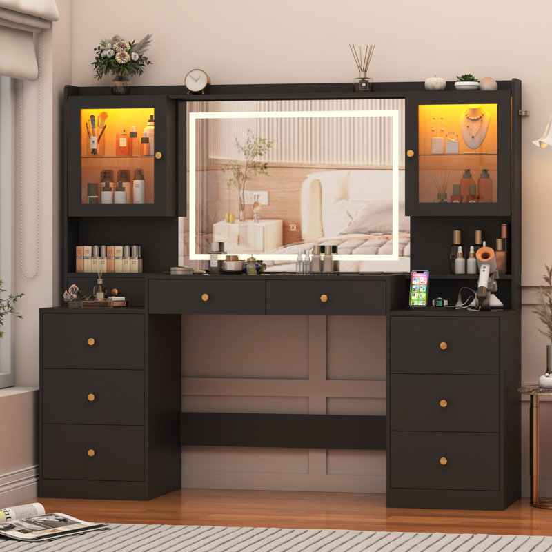 62" Vanity Desk with Lighted Mirror & RGB Cabinets
