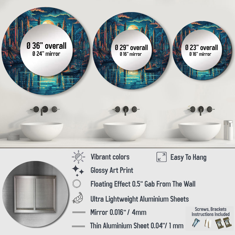 Gibbie Blue And Orange Artistic Tributes To The Art Deco Era - City Art Deco Large Wall Mirror, Blue Round Decorative Mirror, Printed Metal Art