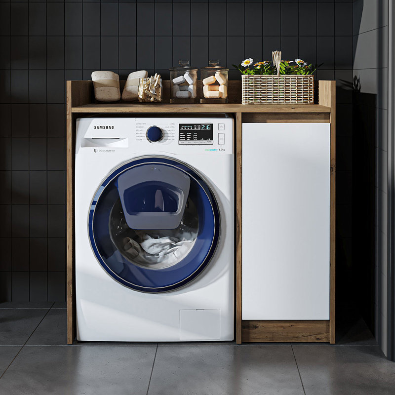 Derin Washing Machine Cabinet with Cupboard, 100 cm, White/Oak