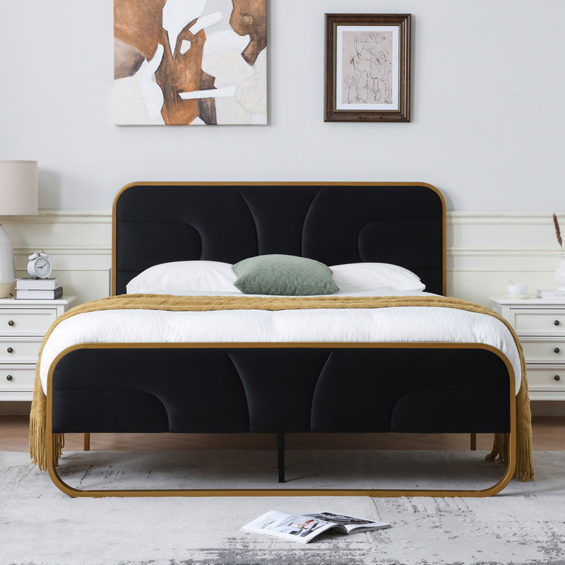 Nelsie Upholstered Platform Bed with Velvet Tufted Headboard, Full, Black