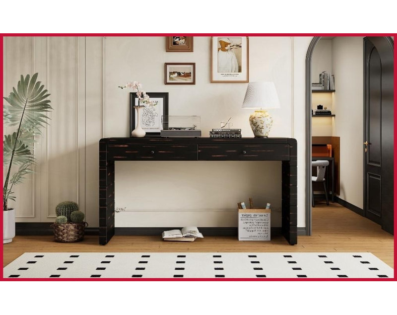 Table basse rustique avec 2 tiroirs, panneau de fibres à densité moyenne durable Bois d'hévéa, rangement sans encombrement pour le salon